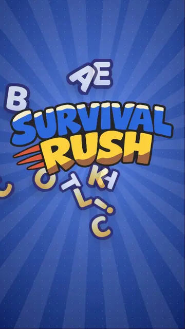 The Survival Rush logo with letter tiles flying around it
