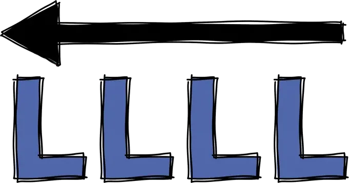 An arrow above four letter L's
