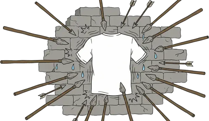 A character pressed flat against a wall as a boulder rolls toward him