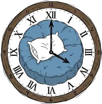A bed with a pillow drawn inside a clock face