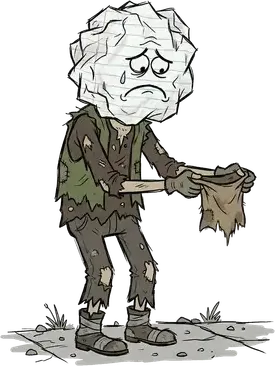A beggar in rags whose head is a crumpled sheet of written paper
