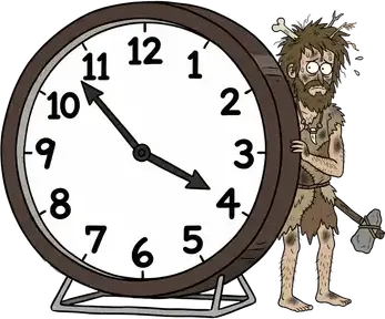 A caveman standing behind a giant clock