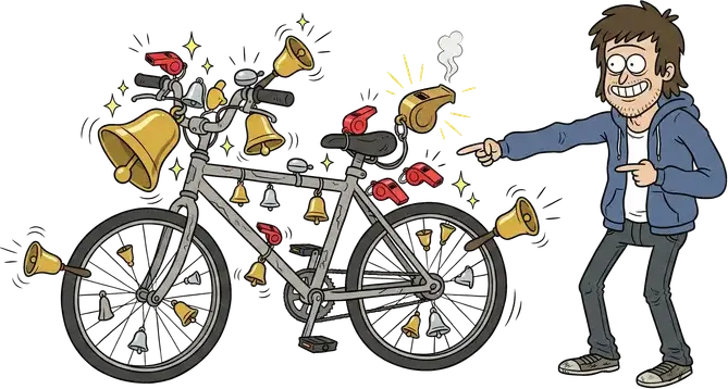 A grinning man points at a bicycle covered from handlebars to wheels with dozens of brass bells and little red noisemakers