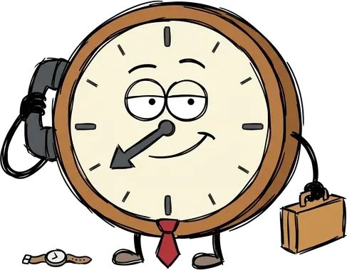 A giant clock character in a tie with a briefcase talking on the phone, next to a small wristwatch