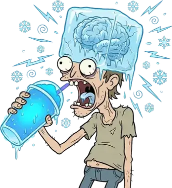 A man gulping a blue slushie while his brain sits frozen in a block of ice on top of his head