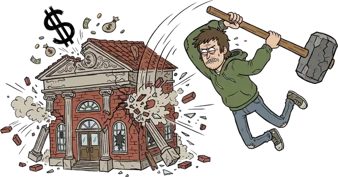 A man smashing a bank building marked with a dollar sign with a sledgehammer