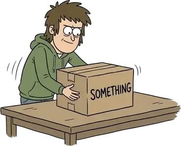 A smiling man setting a cardboard box labeled SOMETHING down on a wooden table