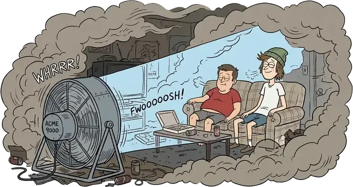 A giant fan blowing a clean path through a smoke-filled room toward people on a sofa