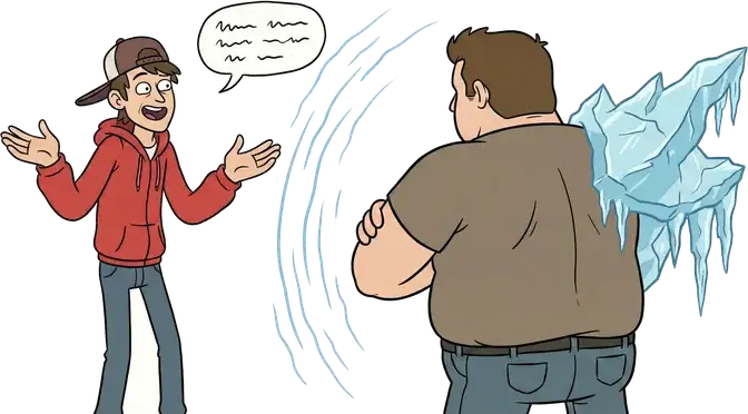 A cheerful young man chats away while a bigger man turns his back, arms folded, one shoulder encased in ice