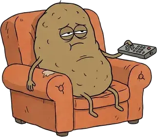A bored potato with arms and legs slumped in an orange armchair, holding a TV remote