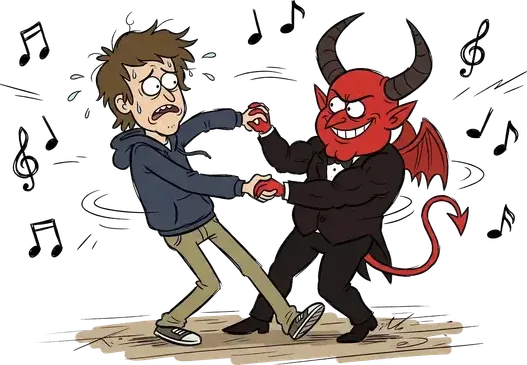 A frightened man dancing among musical notes with a red-horned devil