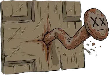 A rusty nail hammered into a wooden door, with crosses for eyes