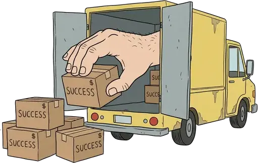 A giant hand unloading boxes marked SUCCESS from a delivery van
