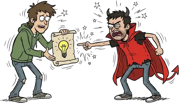 A man dressed as a horned devil wagging his finger at a colleague who is presenting an idea on a scroll