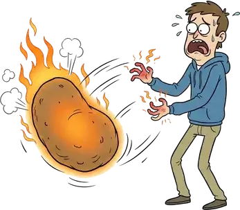 A man with scorched red fingers flinging away a flaming potato that leaves a trail of smoke