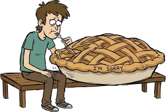 A sheepish man on a bench taking a forkful from a huge lattice-top pie with I'M SORRY written on the crust