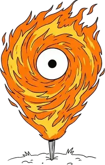 A map location pin made entirely of swirling orange flames, its point stuck in the ground