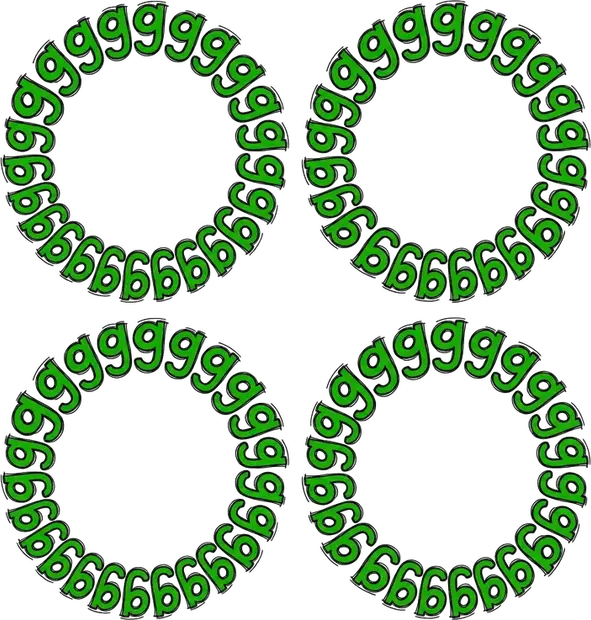 Four rings, each made of small letter g's arranged in a circle