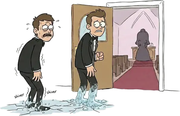 A groom in a tuxedo shivers at the church door, his feet frozen in ice, while the bride waits at the altar