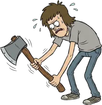 A fired man carrying his things in a box beside his name plate split by an axe