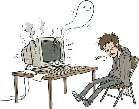 A ghost floating up out of a cracked old computer