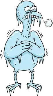 A shivering turkey frozen pale blue, with icicles hanging from its wings and feet and a puff of frosty breath