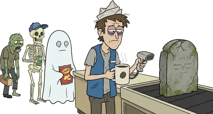 A sleepy cashier scanning a tombstone while a zombie, a skeleton and a ghost wait in line
