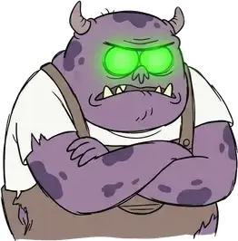 A purple monster with folded arms and glowing green eyes