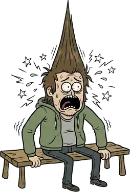 A terrified man whose hair stands straight up toward the sky