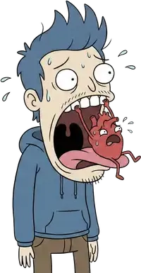 A scared man with his heart leaping out of his open mouth