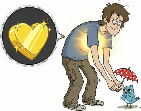 A man holding an umbrella over a bird, with a golden heart shown in a bubble on his chest