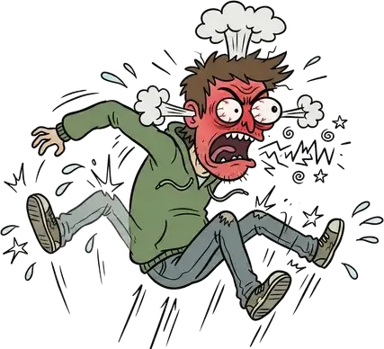 An angry man leaping up so hard his head breaks through a ceiling panel