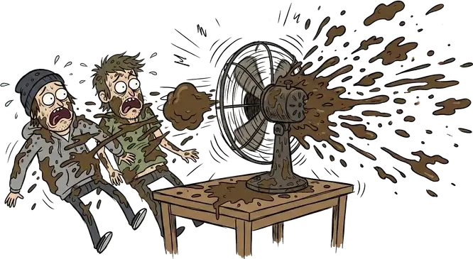 A lump of mud smashes into an electric fan and sprays everywhere while men run away