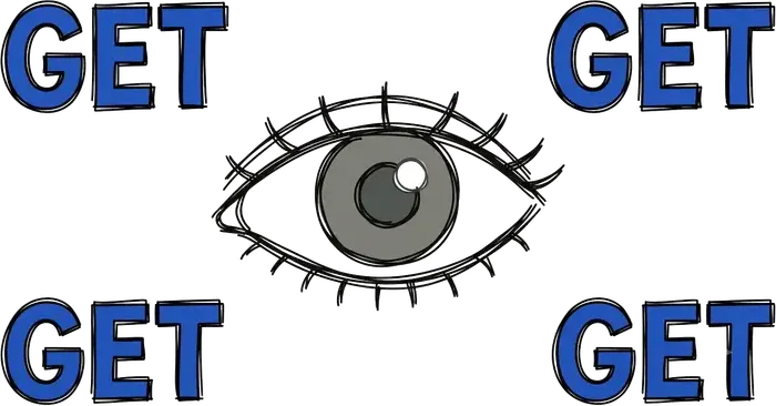 An eye, an arrow and four iron gates stacked on top of each other