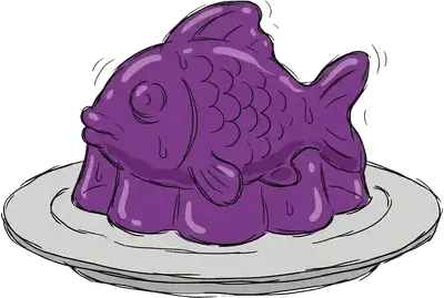 A wobbling purple jelly shaped like a fish on a plate