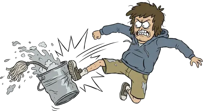 An angry man kicking a bucket with a mop in it