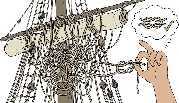 Among tangled ship ropes, a hand ties the right knot with a thought bubble of an approved knot