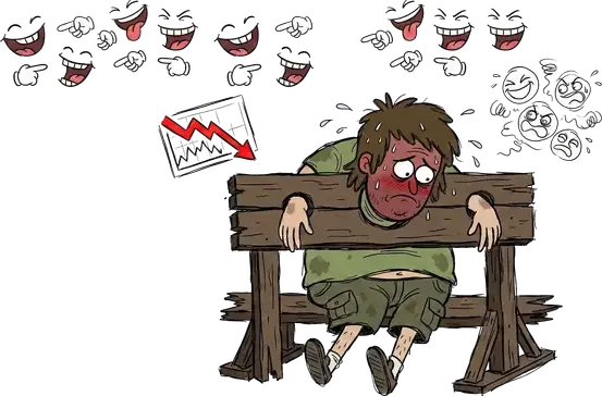 A man locked in wooden stocks surrounded by laughing faces and a falling stock-market chart
