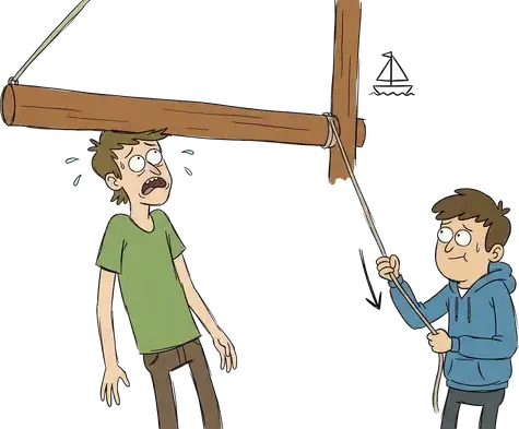 A man pulls a rope that swings a sailboat's horizontal pole down onto another man's head