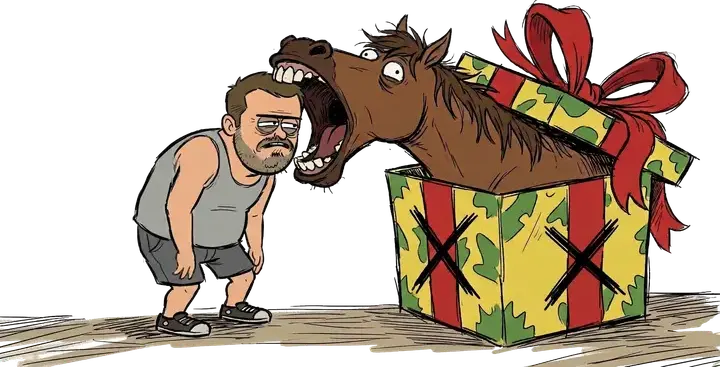 A man bends to peer straight into the open mouth of a horse bursting out of a wrapped present with a big red bow