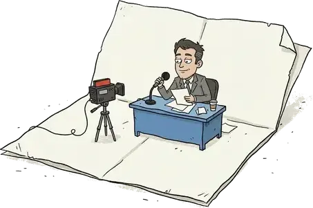 A news presenter reading the news on top of a giant sheet of paper