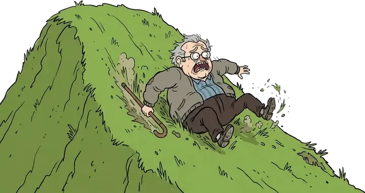 An old man with a walking stick tumbling over the top of a hill