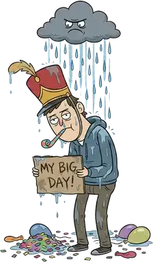 A soaked man in a marching-band hat and party blower holds a MY BIG DAY! sign under a scowling rain cloud, with soggy confetti and balloons at his feet