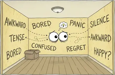 Eyes reading a room whose walls are covered with mood words like AWKWARD, TENSE and PANIC