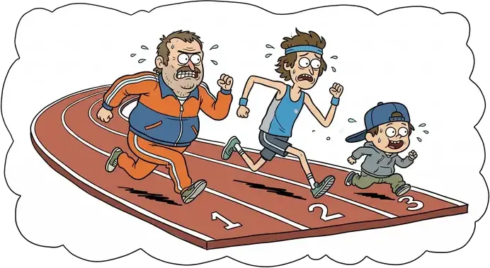 Three look-alike runners — a man in an orange tracksuit, a younger man in a headband and a small boy in a cap — racing in lanes 1, 2 and 3 of a track