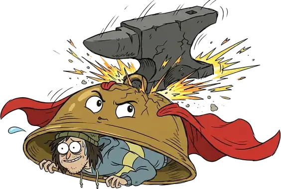 A caped superhero bell shields a man from a falling anvil