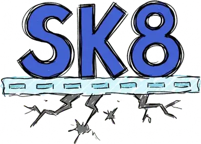 The letters and number SK8 balanced on a thin strip of ice that is cracking beneath them