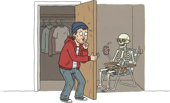 A man hushing with one finger as he shuts a wardrobe door on a grinning skeleton relaxing inside