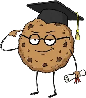 A chocolate-chip cookie in round glasses and a graduation cap, holding a diploma and tapping its temple