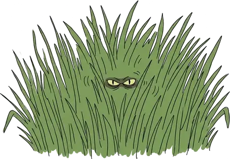 A snake hidden in tall grass with only its eyes, forked tongue and tail showing